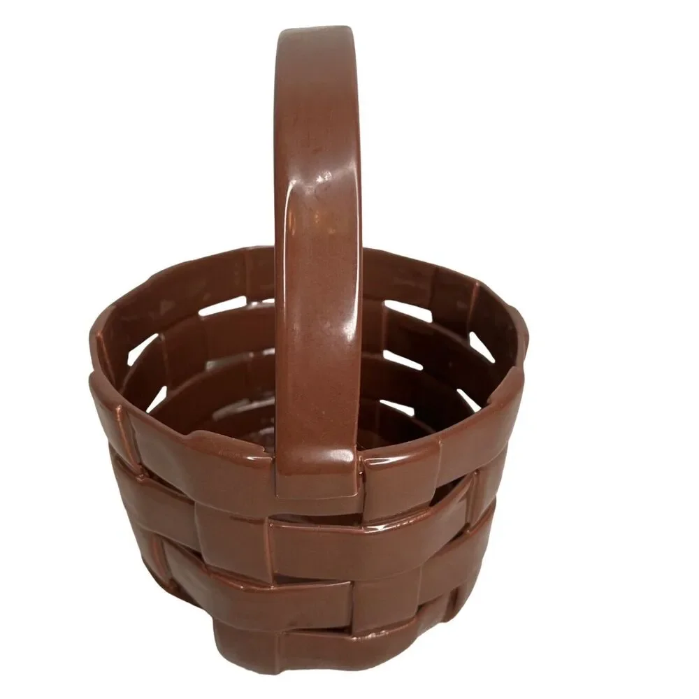 Vintage Italian Woven Ceramic Cache Pot Brown Basketweave Planter Basket Italy
